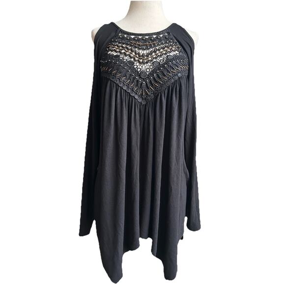 Venus Cold Shoulder Beaded Lace Top Sz L Whimsigoth Boho Handkerchief Hem - Picture 1 of 9